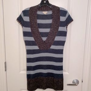 Striped Deep V-Neck Tunic Sweater, green / gray, size small.